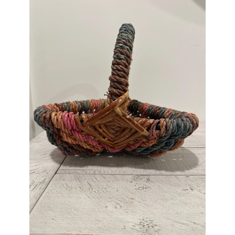 Vintage Heart Shaped Woven Basket Multi Color Twisted Rope Handle Cottagecore